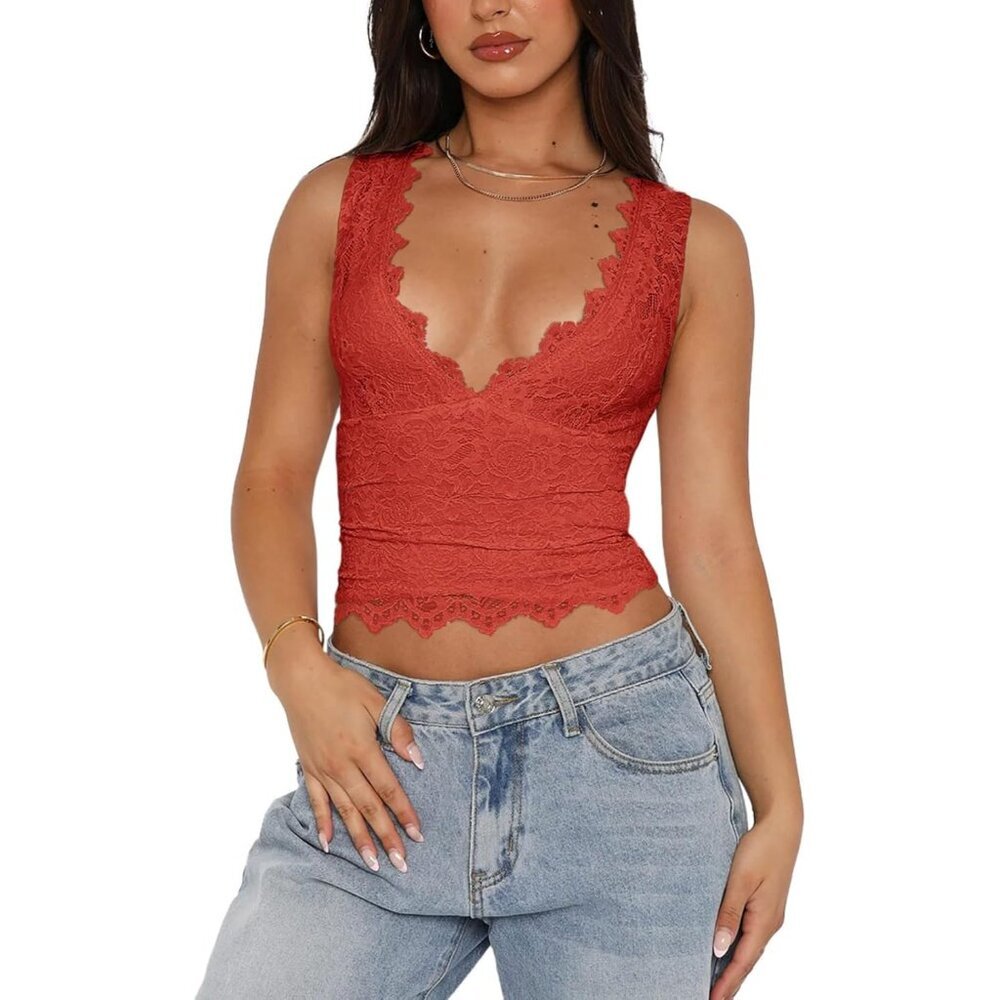 Womens Lace V-Neck Sleeveless Crop Top Small Y2k Going Out Tunic